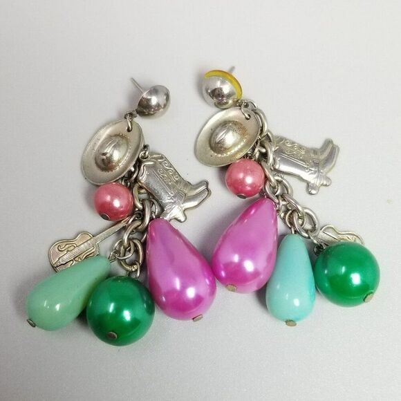 Vintage Pink Green Beaded Dangle Stud Earrings, Cowboy Cowgirl Country Theme - Picture 4 of 5